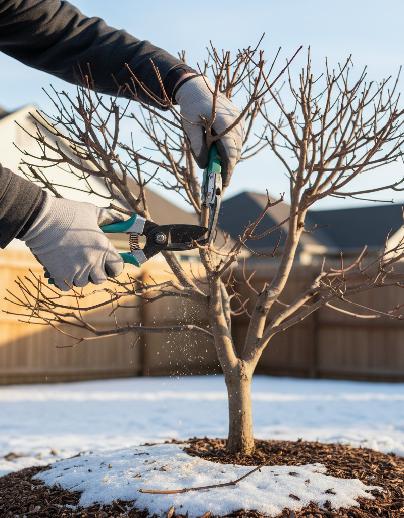 Homeowner carefully pruning a dormant deciduous tree in late winter with bypass pruners.