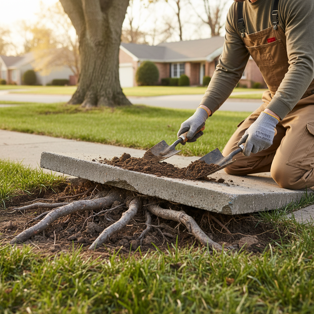 Homeowner exposing tree roots that have lifted a concrete sidewalk slab.