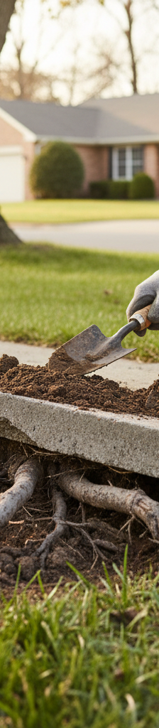 Homeowner exposing tree roots that have lifted a concrete sidewalk slab.