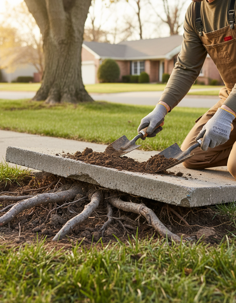 Homeowner exposing tree roots that have lifted a concrete sidewalk slab.