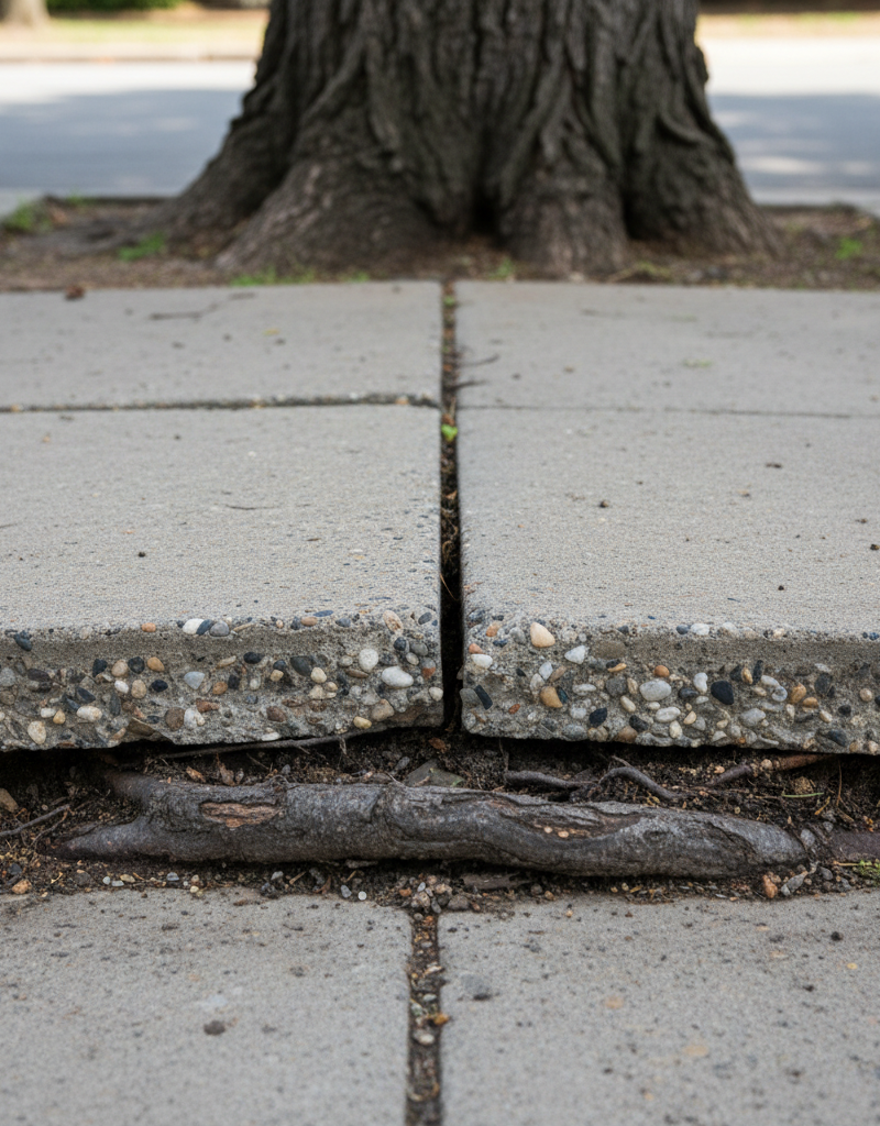 Tree root visibly lifting and cracking a concrete sidewalk section near a tree trunk, illustrating damage.