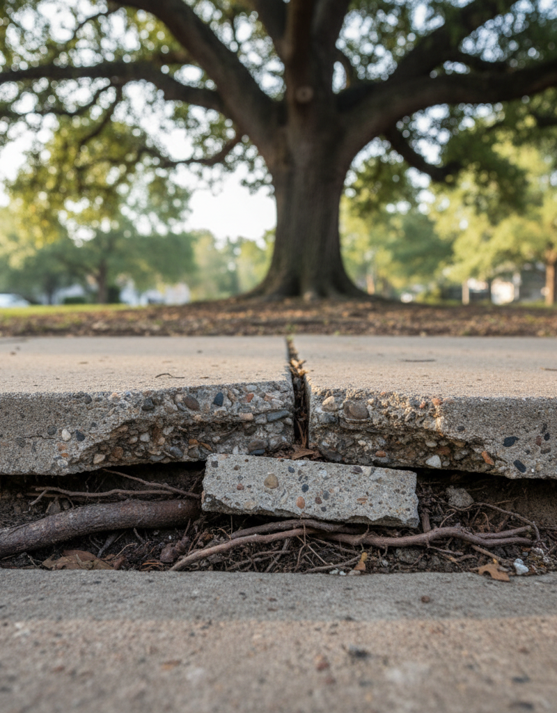 Tree roots visibly lifting and cracking a concrete sidewalk, forming an uneven surface and trip hazard near a mature tree.