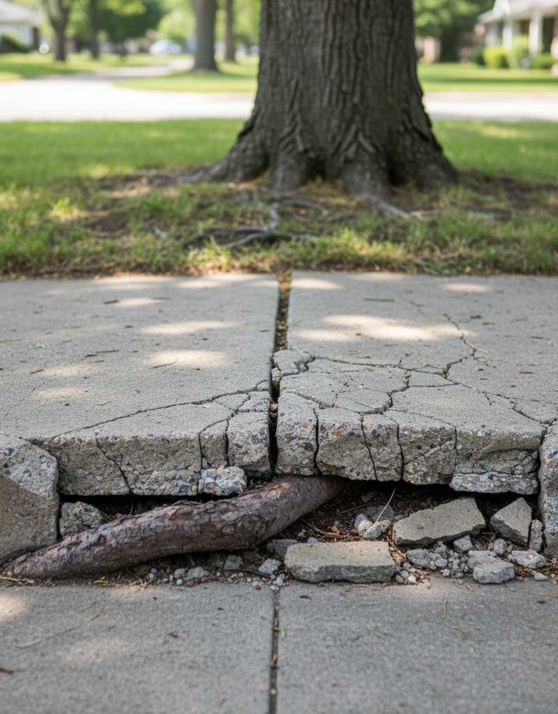 Tree root causing significant crack and uplift in a concrete sidewalk section, creating a tripping hazard.