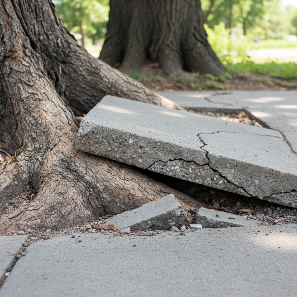 Tree root visibly lifting and cracking a concrete sidewalk section.