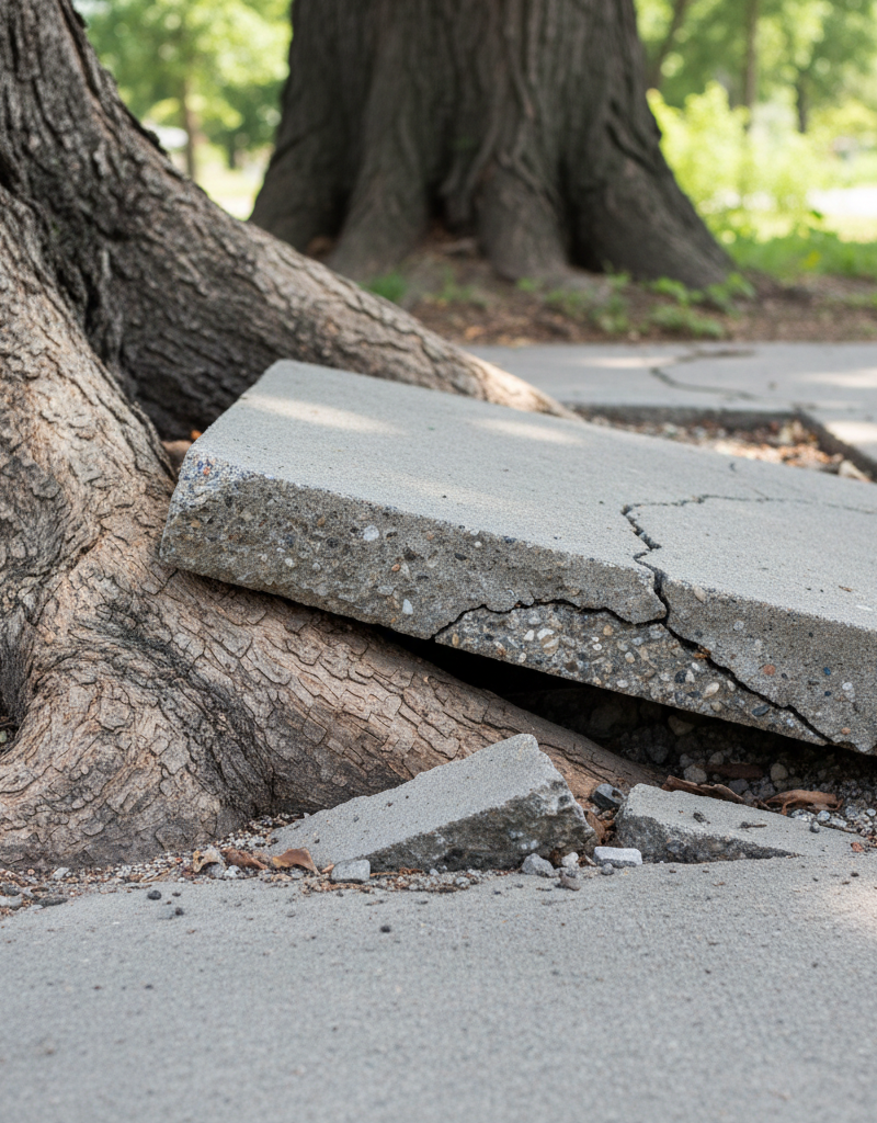 Tree root visibly lifting and cracking a concrete sidewalk section.