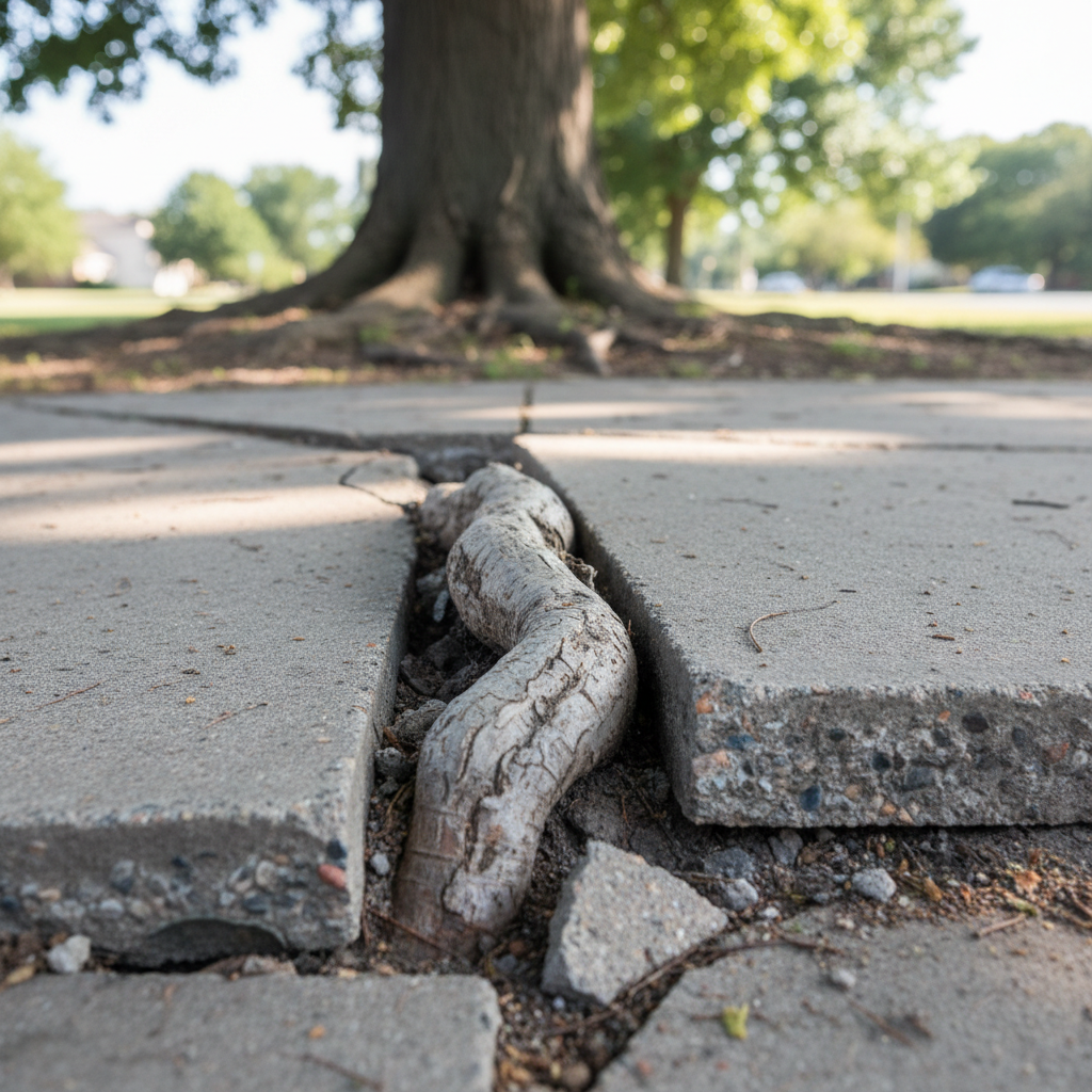 Tree root visibly cracking and lifting a concrete sidewalk section, showing significant damage.