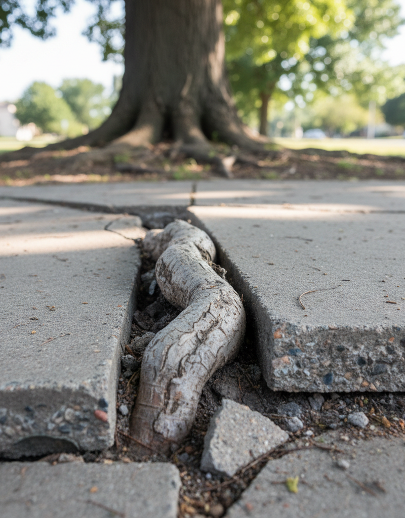 Tree root visibly cracking and lifting a concrete sidewalk section, showing significant damage.