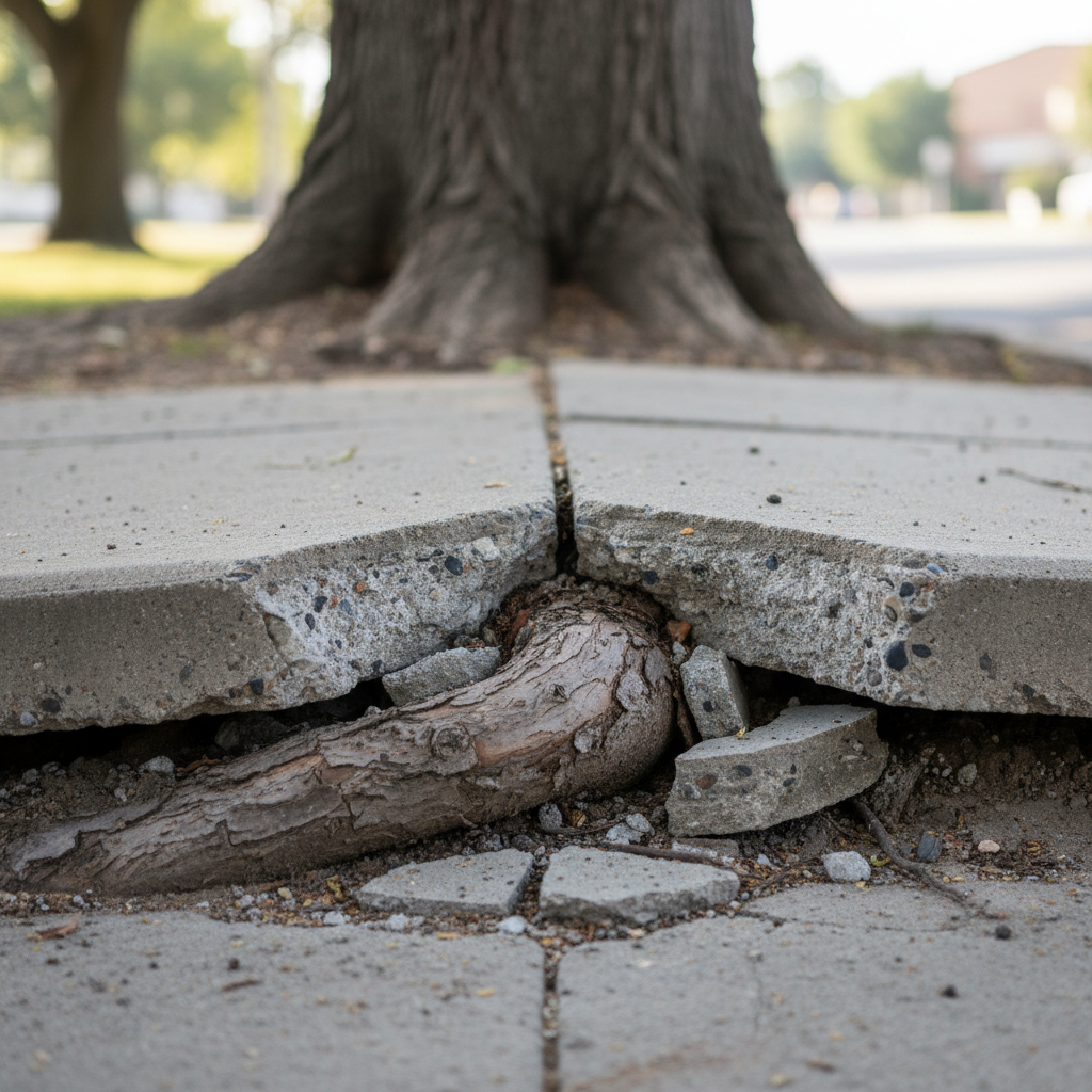 Thick tree root visibly lifting and cracking a concrete sidewalk slab, causing an uneven surface and tripping hazard.