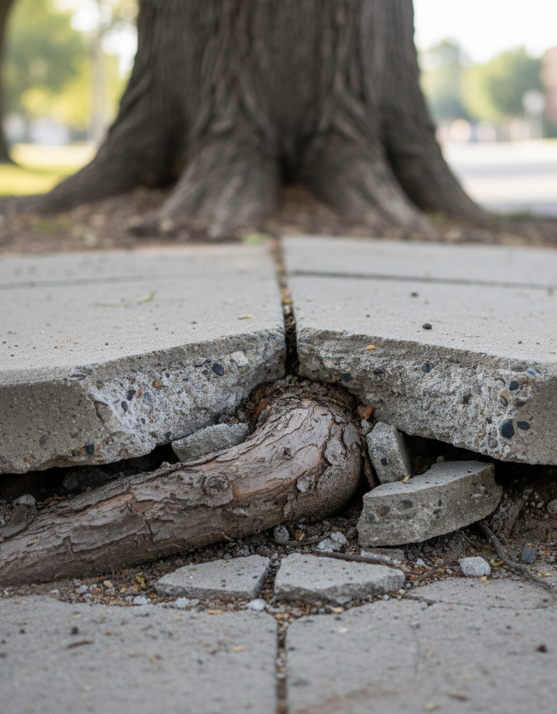 Thick tree root visibly lifting and cracking a concrete sidewalk slab, causing an uneven surface and tripping hazard.