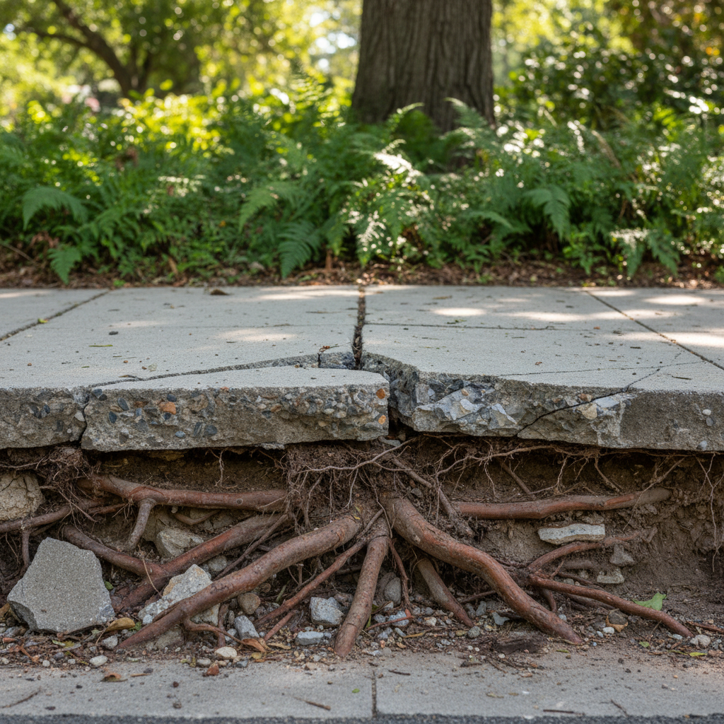 Tree roots visibly lifting a cracked concrete sidewalk, showing extensive damage and an uneven surface.