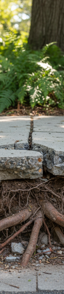 Tree roots visibly lifting a cracked concrete sidewalk, showing extensive damage and an uneven surface.