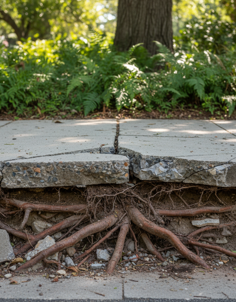 Tree roots visibly lifting a cracked concrete sidewalk, showing extensive damage and an uneven surface.