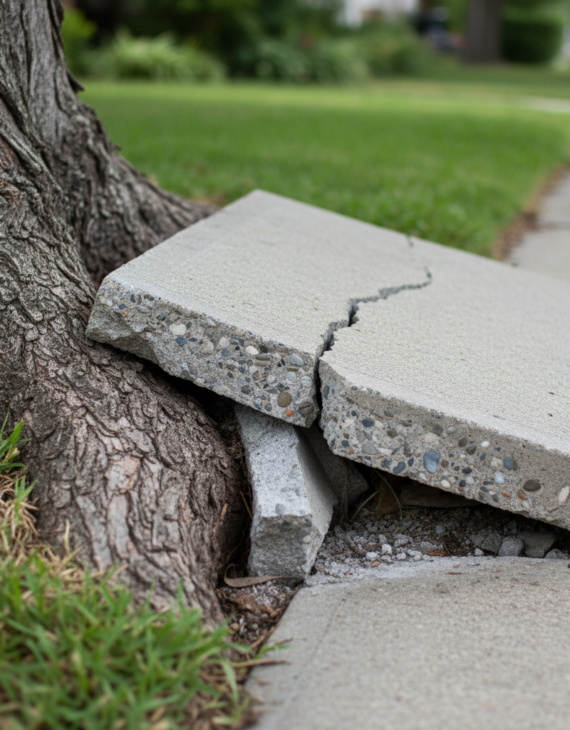 Tree root visibly lifting and cracking a concrete sidewalk slab in a residential area.