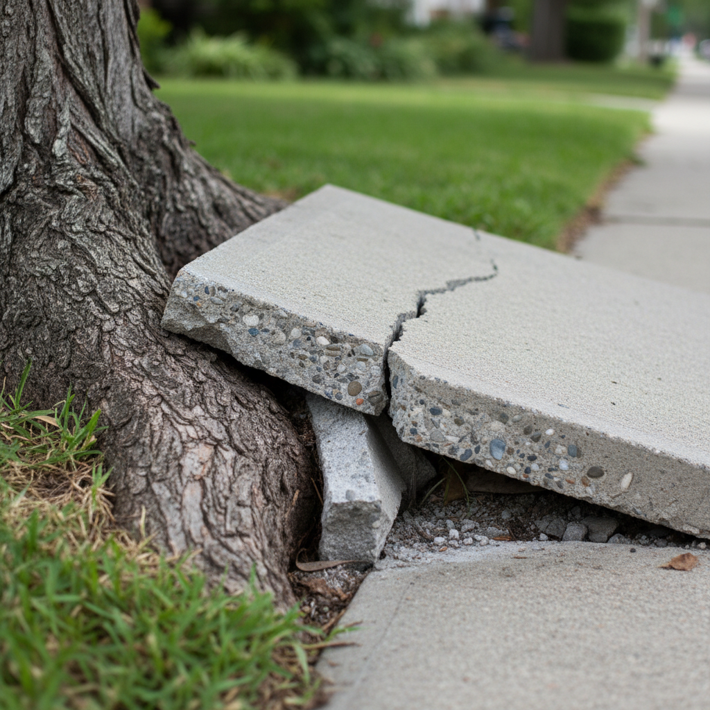 Tree root visibly lifting and cracking a concrete sidewalk slab in a residential area.