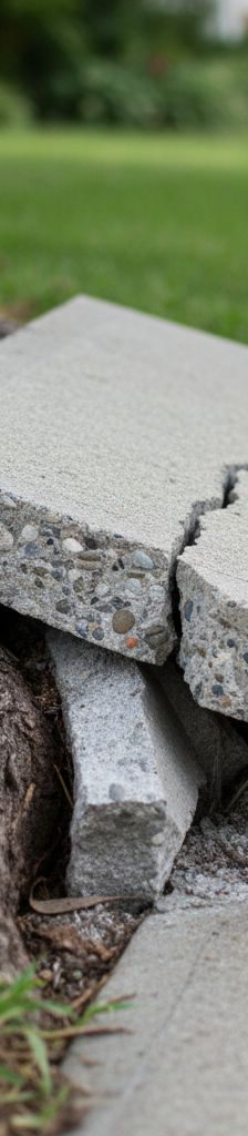Tree root visibly lifting and cracking a concrete sidewalk slab in a residential area.