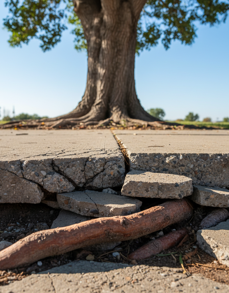 Tree roots pushing up and cracking a concrete sidewalk, creating an uneven surface.