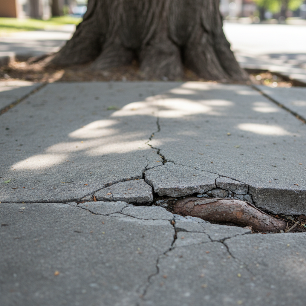 Tree root severely lifting and cracking a concrete sidewalk section, creating a clear trip hazard.