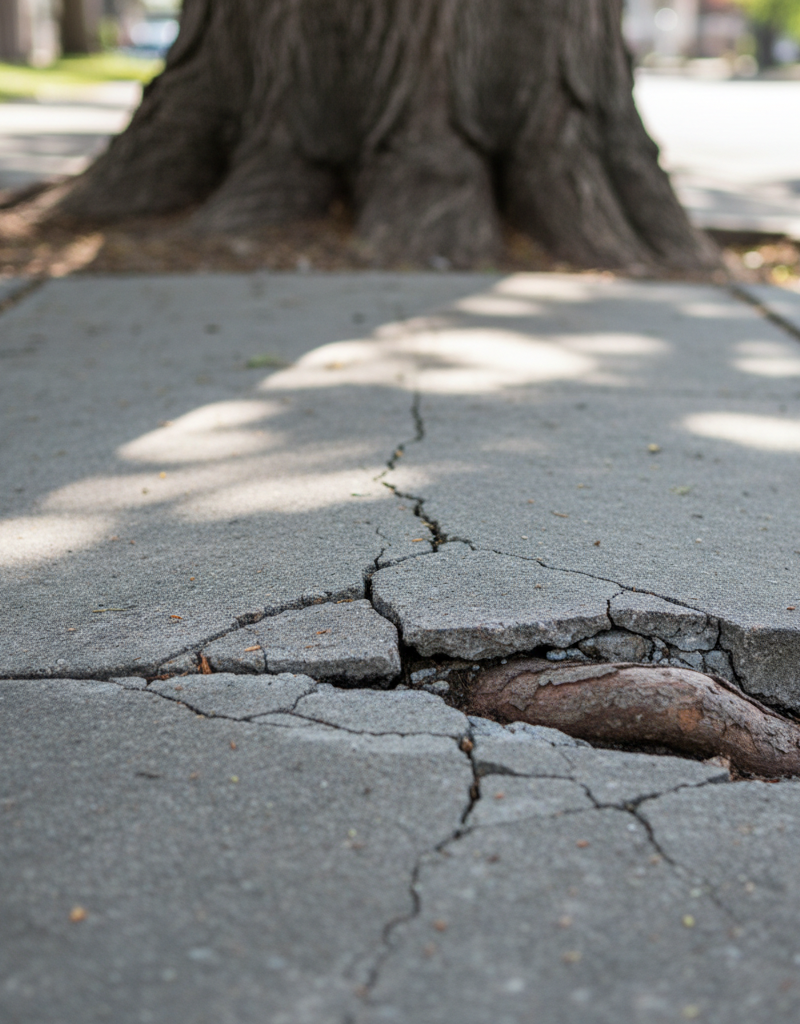 Tree root severely lifting and cracking a concrete sidewalk section, creating a clear trip hazard.