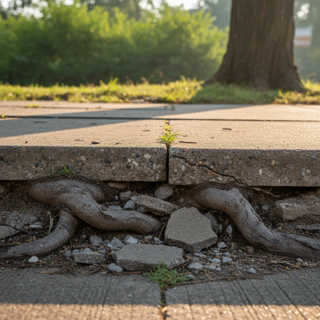 Tree roots aggressively lifting and cracking a concrete sidewalk section, creating a tripping hazard.