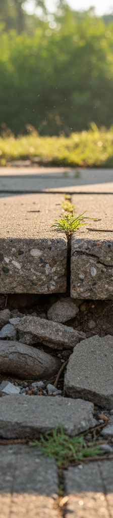 Tree roots aggressively lifting and cracking a concrete sidewalk section, creating a tripping hazard.