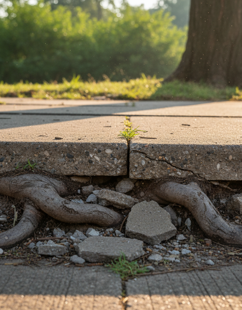 Tree roots aggressively lifting and cracking a concrete sidewalk section, creating a tripping hazard.