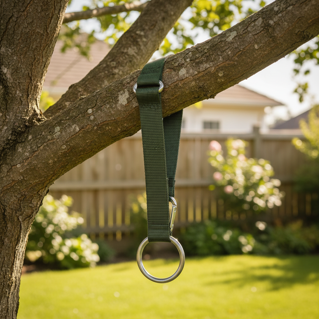 Healthy tree branch with a wide, canvas tree-saver strap securely attached, ready for a swing.