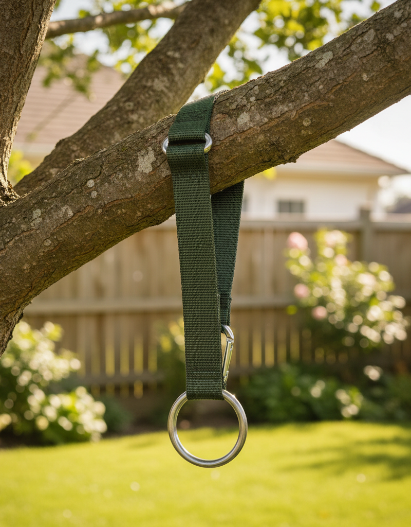 Healthy tree branch with a wide, canvas tree-saver strap securely attached, ready for a swing.