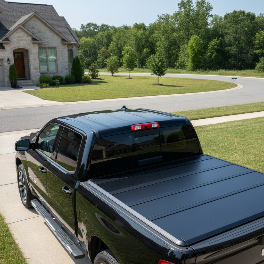Sleek black tonneau cover installed on a modern pickup truck bed, parked outdoors.