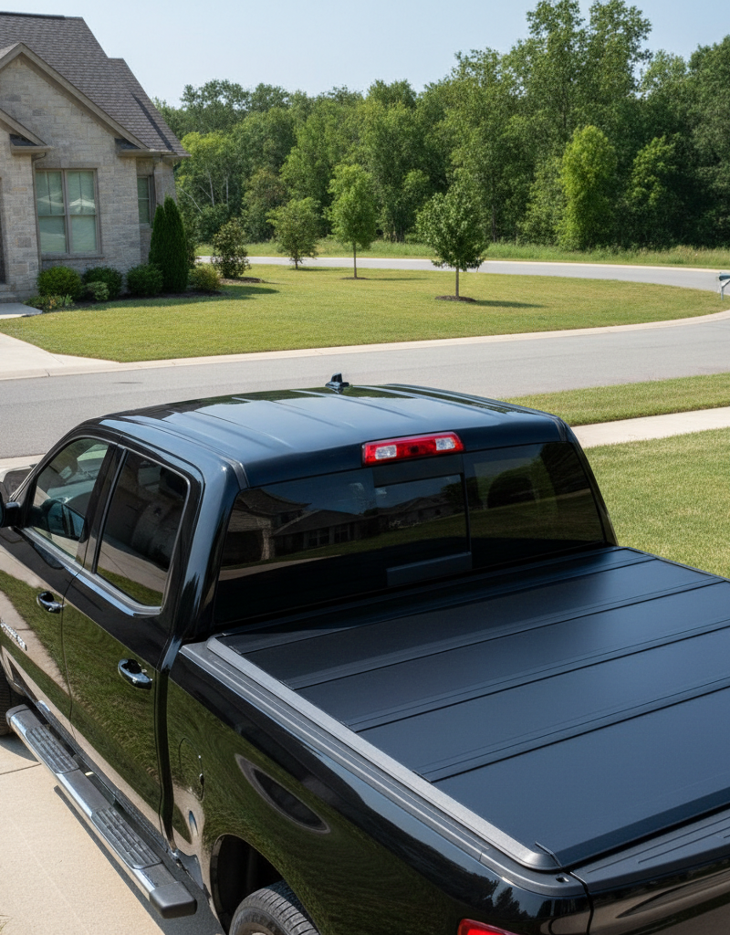 Sleek black tonneau cover installed on a modern pickup truck bed, parked outdoors.