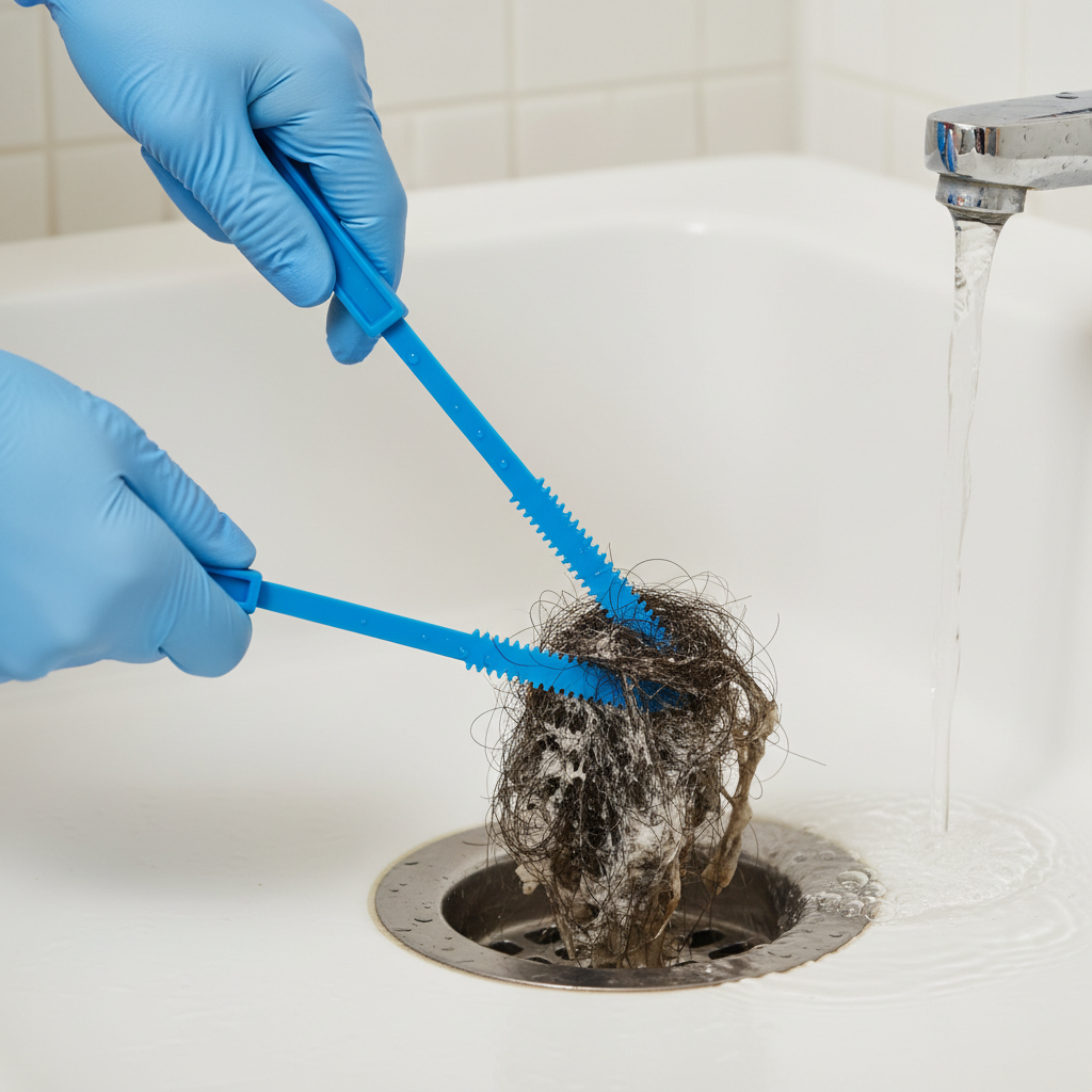 Hands using a plastic drain snake to remove a hair clog from a shower drain