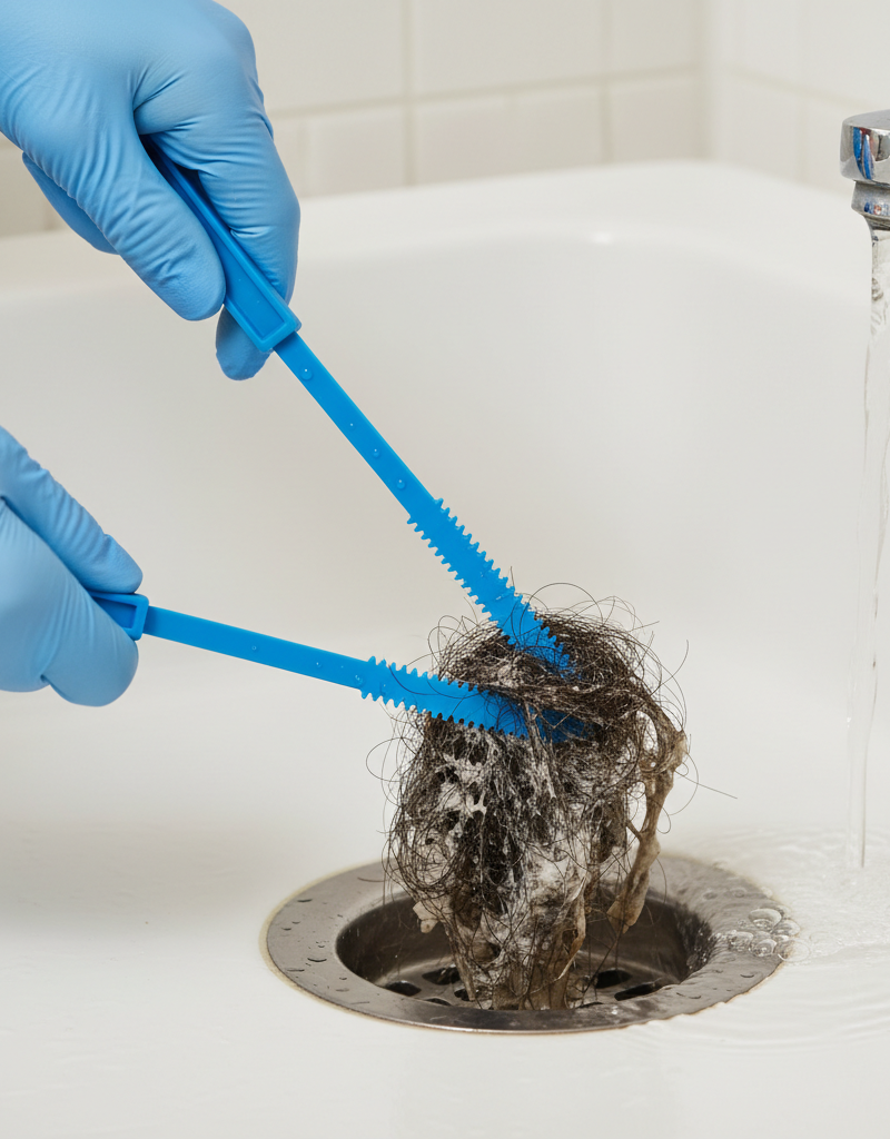 Hands using a plastic drain snake to remove a hair clog from a shower drain