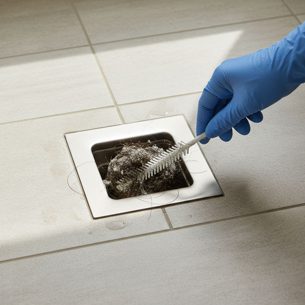 Hand in blue glove pulling hair clog from shower drain with a yellow plastic zip-it tool.