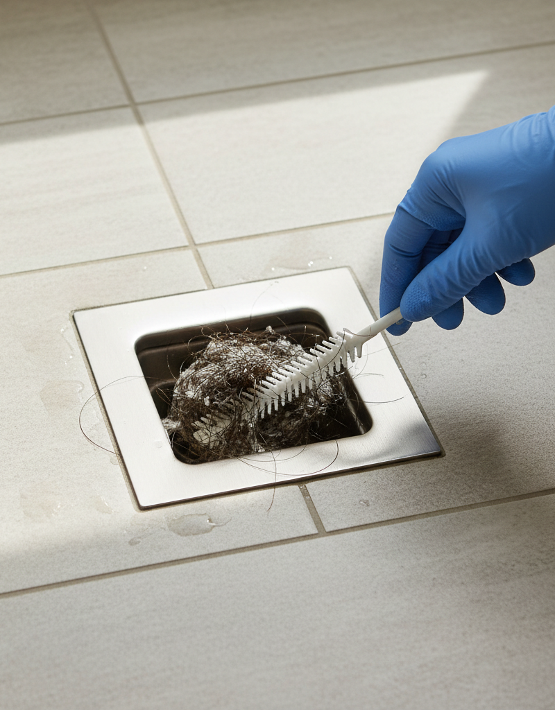 Hand in blue glove pulling hair clog from shower drain with a yellow plastic zip-it tool.