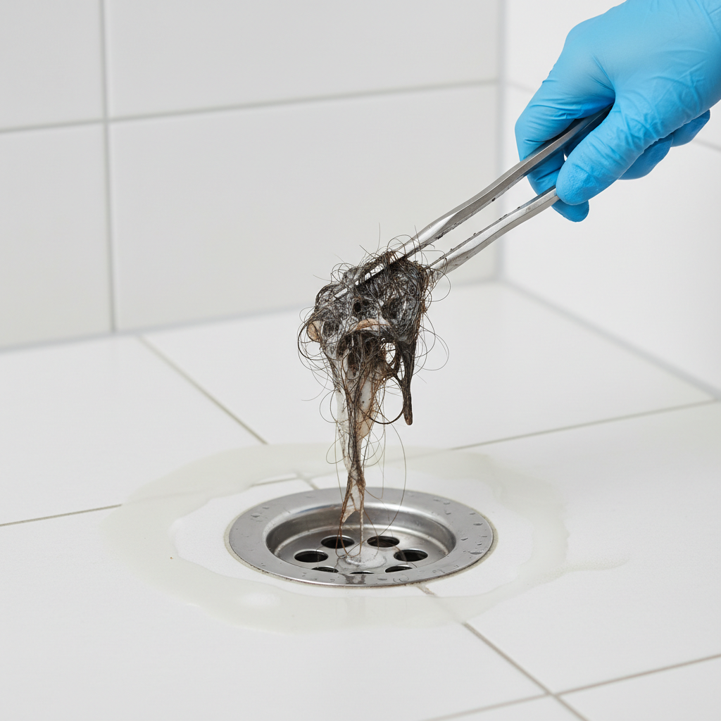 Gloved hands removing a hair clog from a modern chrome shower drain using needle-nose pliers.
