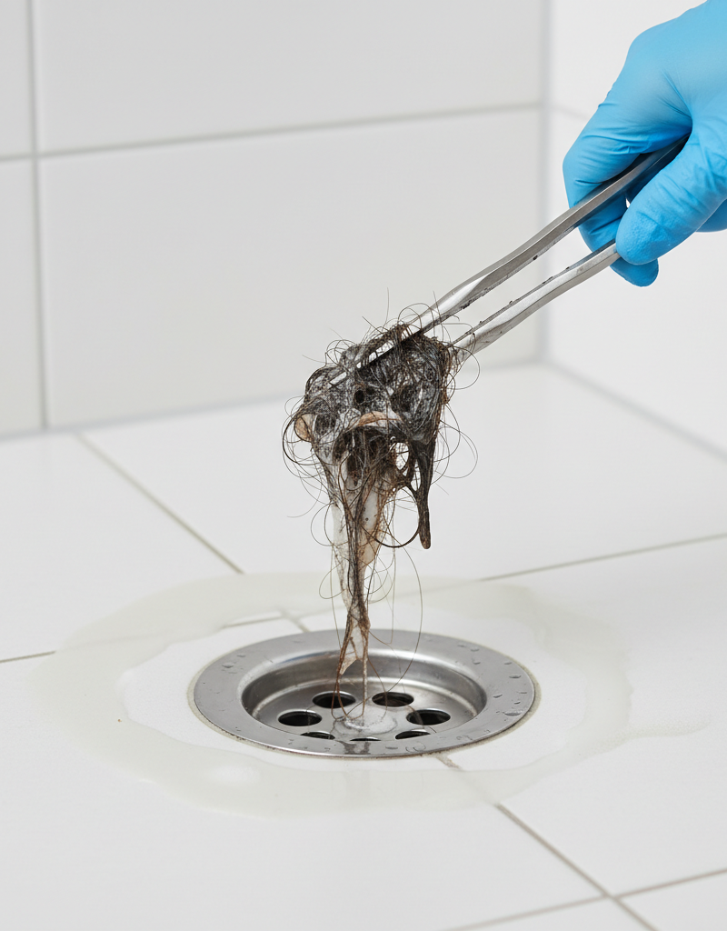 Gloved hands removing a hair clog from a modern chrome shower drain using needle-nose pliers.