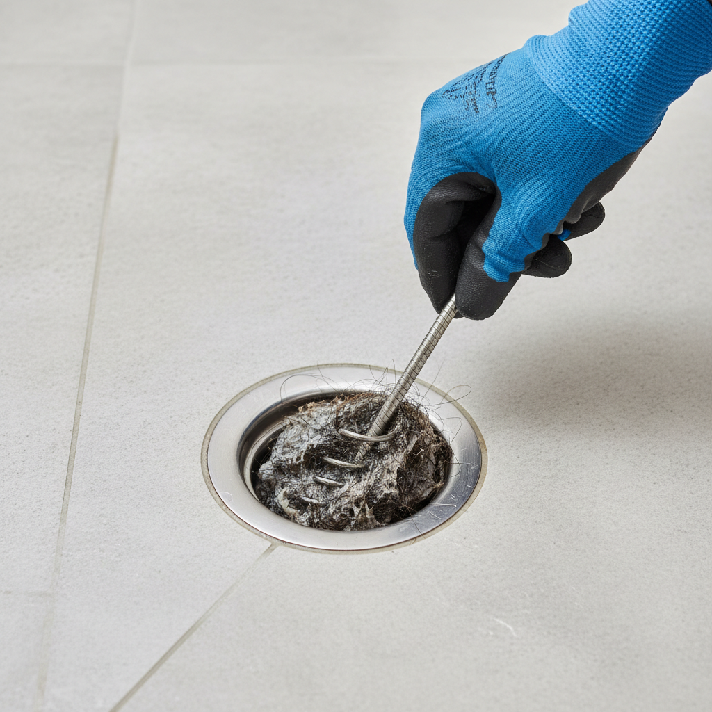 Gloved hand pulling hair and soap scum from a shower drain with a hand auger, a common DIY unclogging method.