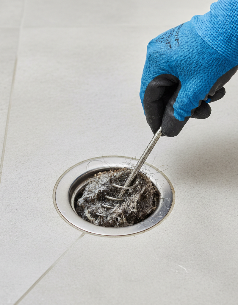 Gloved hand pulling hair and soap scum from a shower drain with a hand auger, a common DIY unclogging method.