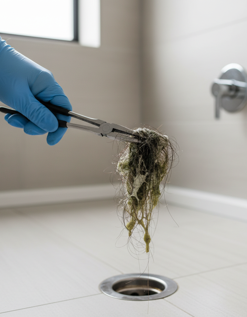 Gloved hand pulling hair clog from shower drain with pliers