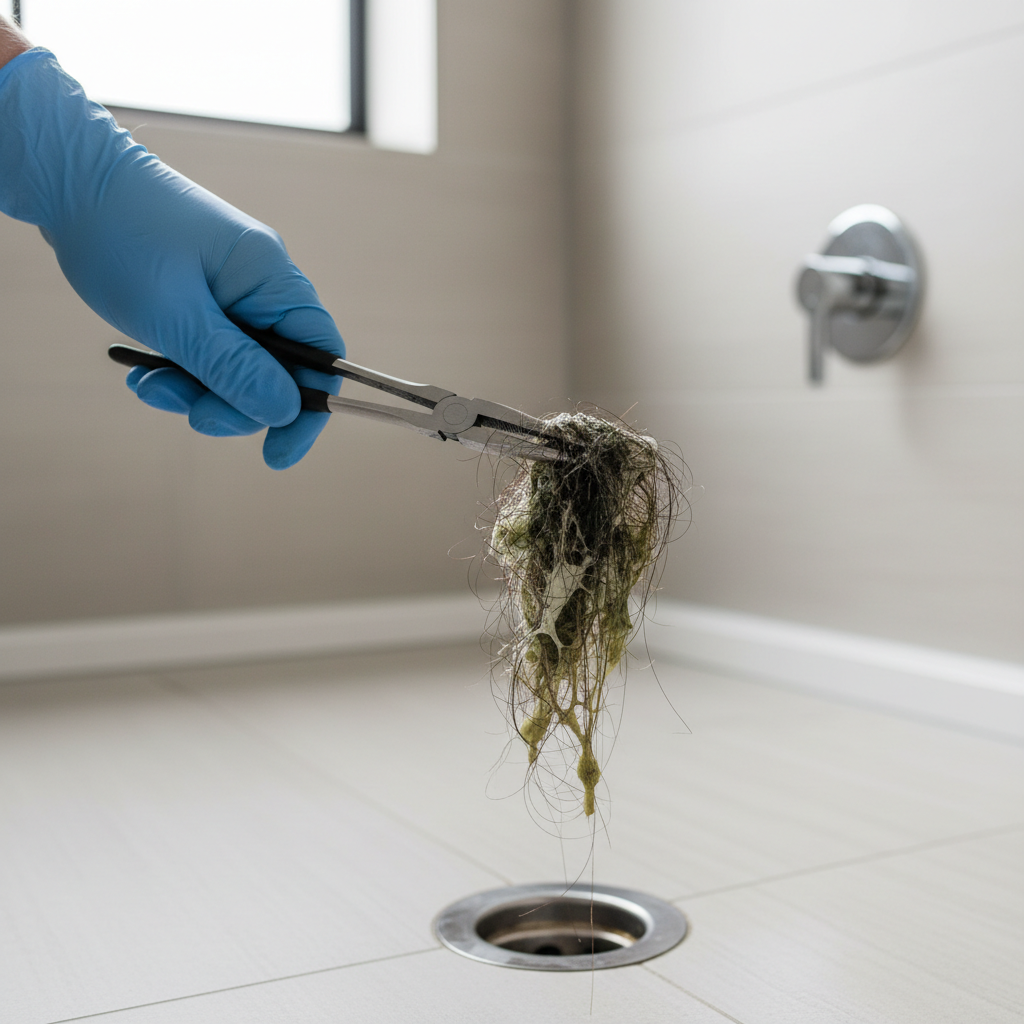 Gloved hand pulling hair clog from shower drain with pliers