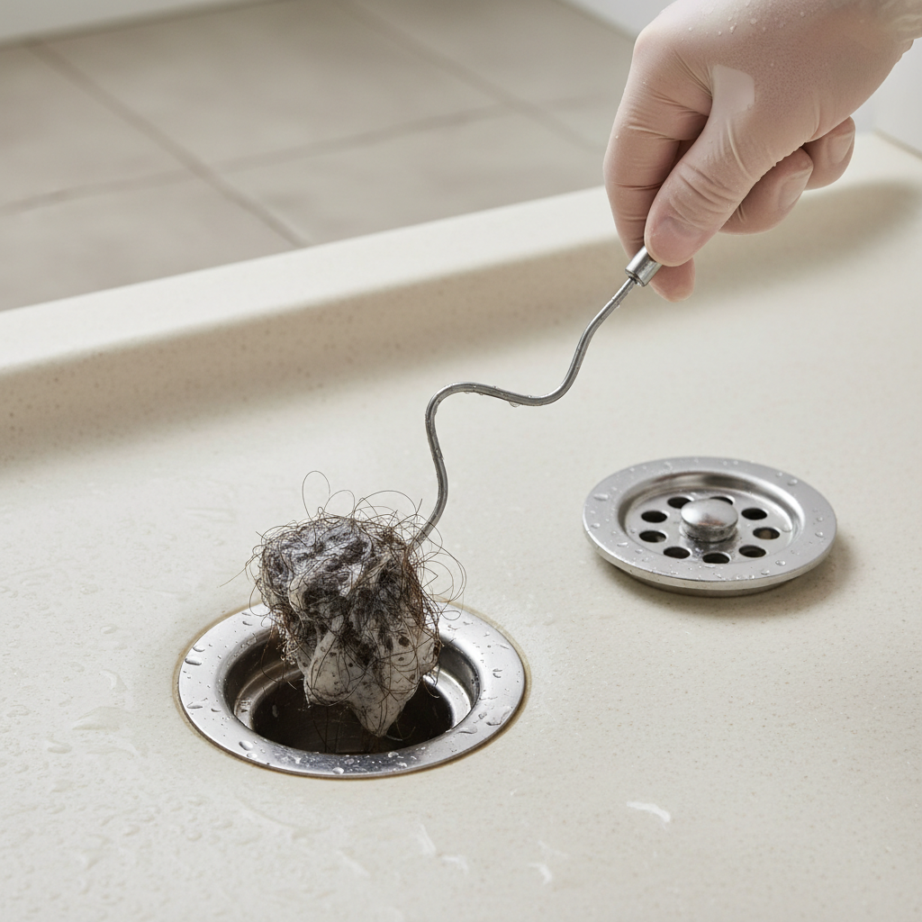 Hand removing hair clog from shower drain with a drain snake.