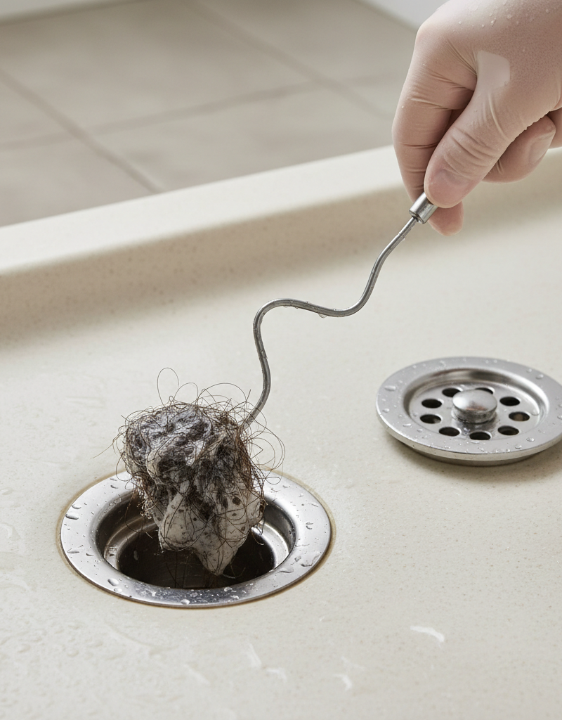 Hand removing hair clog from shower drain with a drain snake.