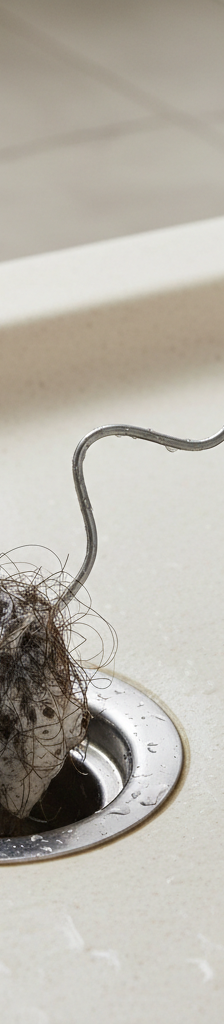 Hand removing hair clog from shower drain with a drain snake.