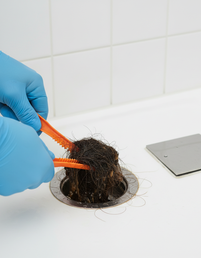 Person in gloves pulling hair clog from shower drain with a flexible tool.