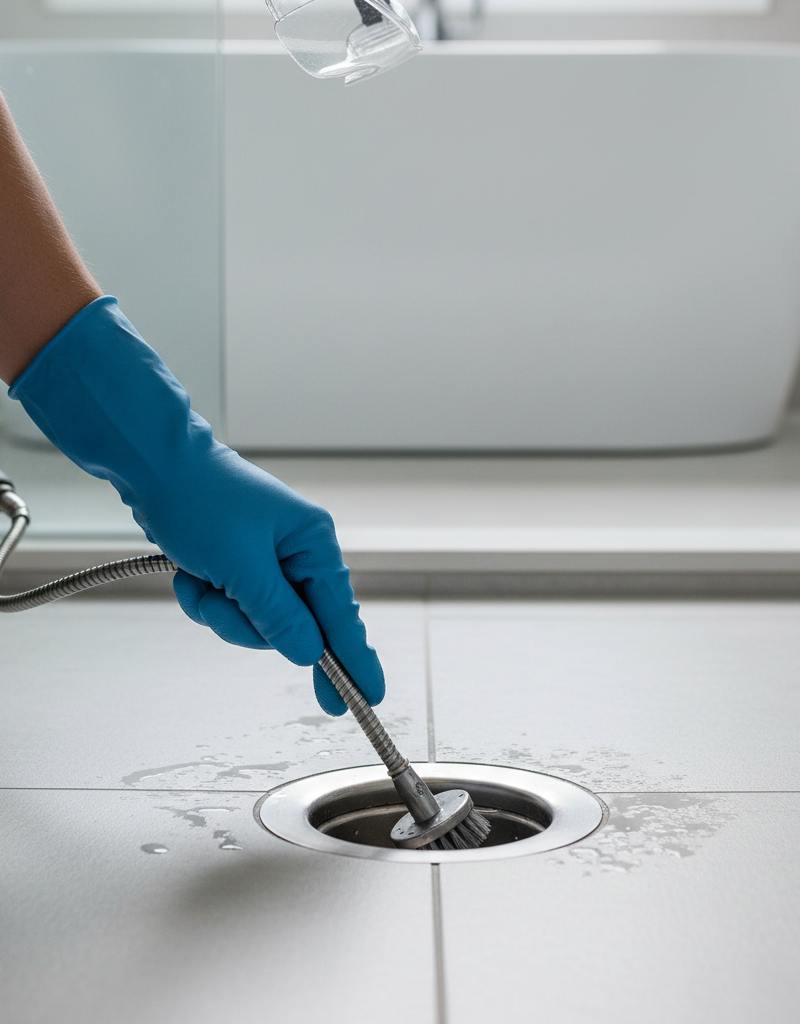 Person in gloves using a drain snake to clear a clogged shower drain