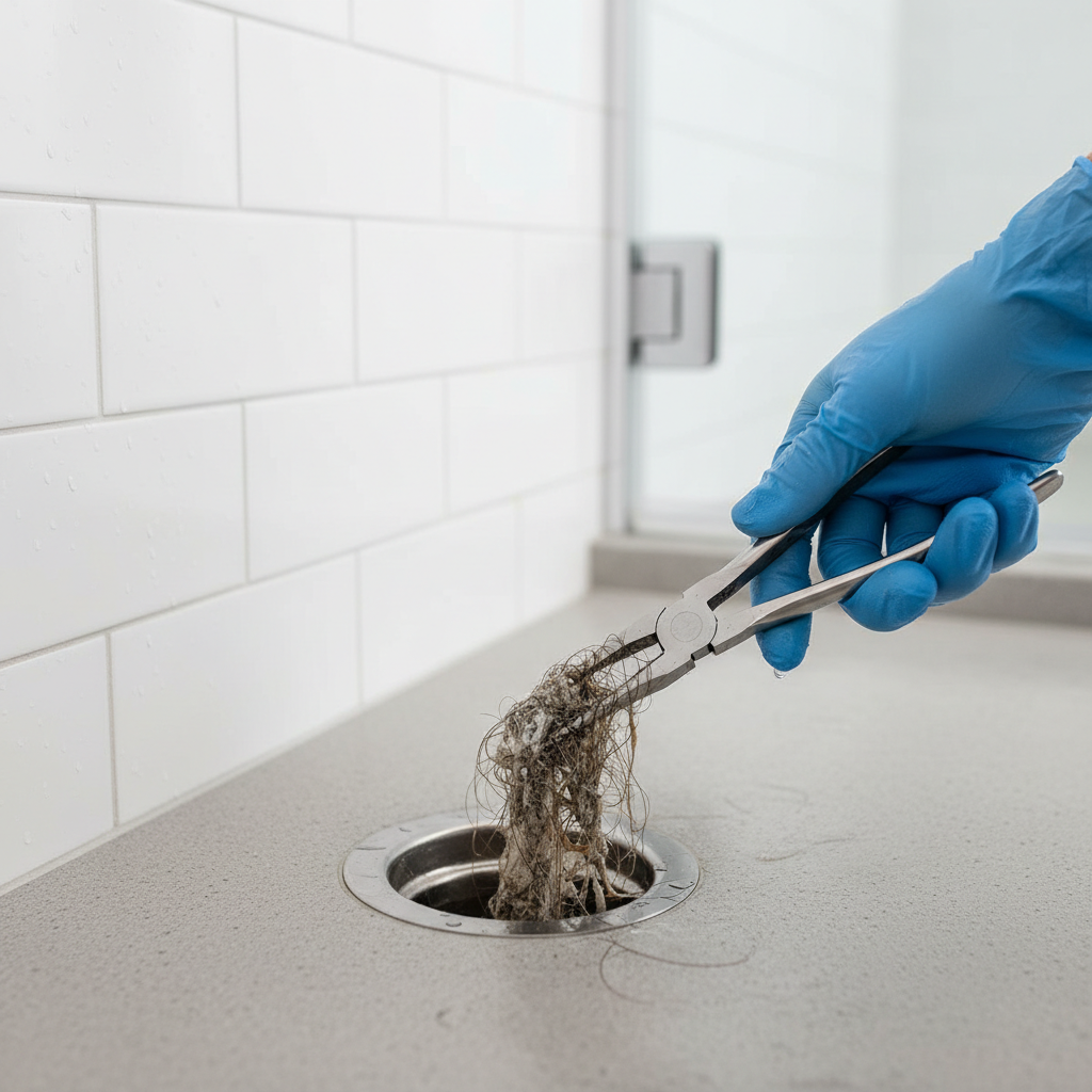 Hand removing hair clog from shower drain with pliers