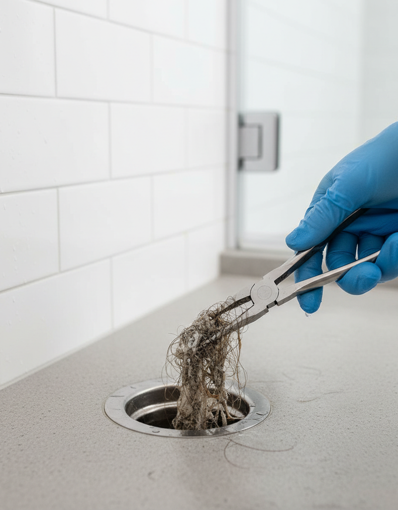 Hand removing hair clog from shower drain with pliers