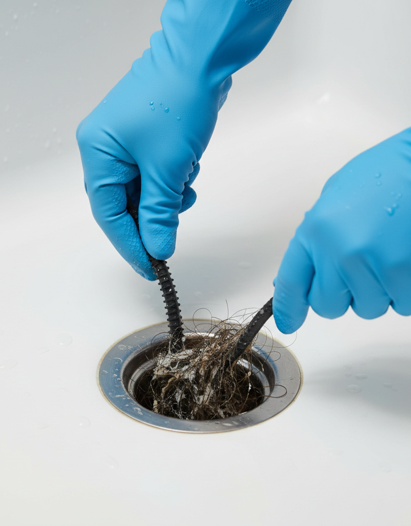 Person in rubber gloves pulling hair clog from shower drain with a plastic snake