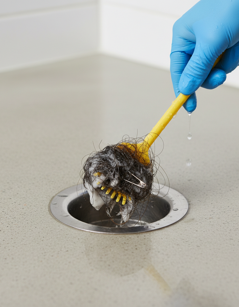 Hand pulling hair and soap scum from a shower drain with a plastic drain snake.
