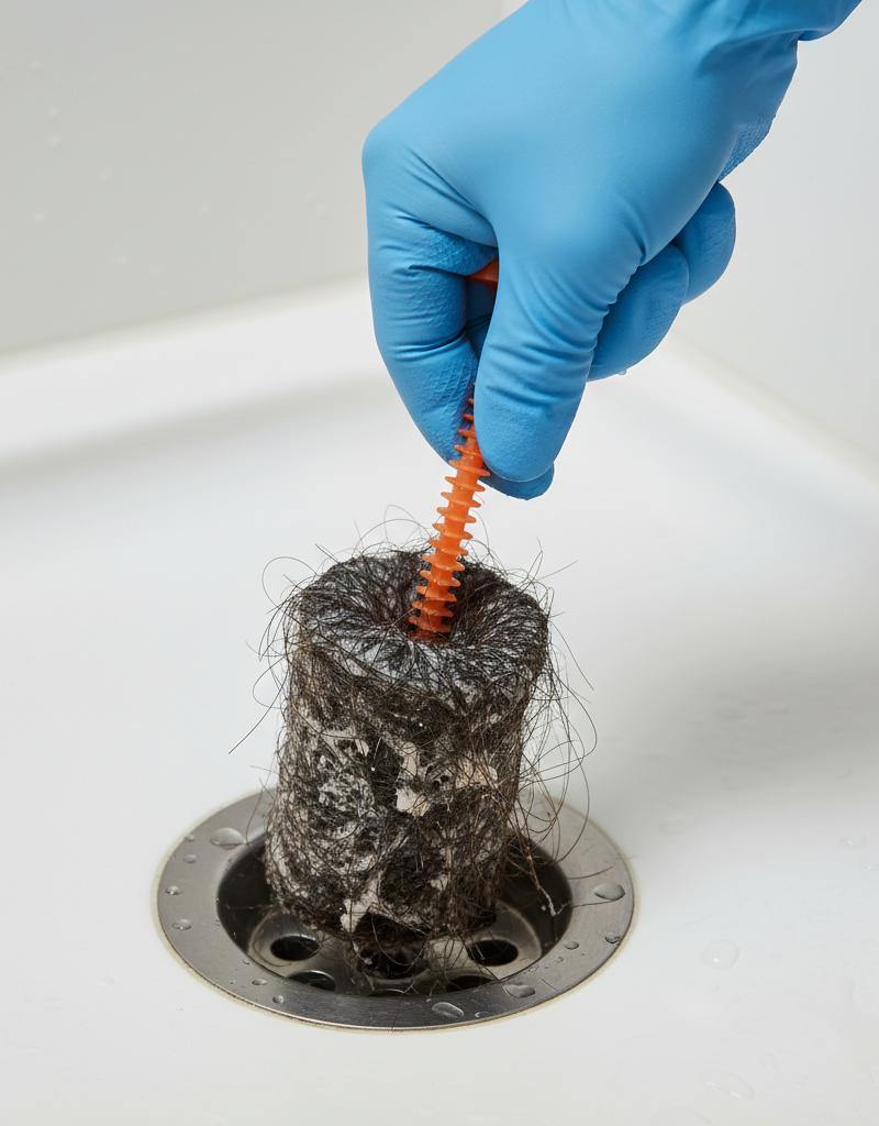 Hand in glove pulling hair clog from shower drain with drain snake