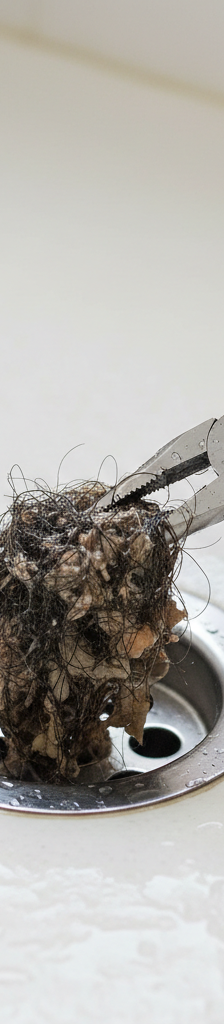 Hand removing a hair clog from a shower drain with pliers.